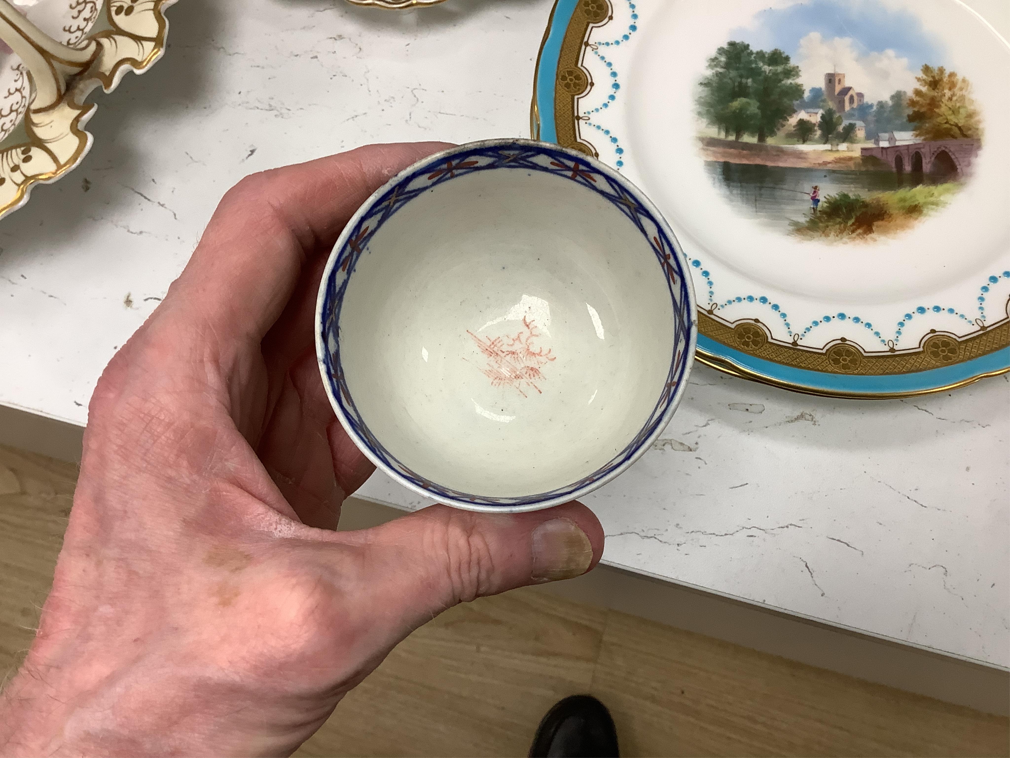 A collection of late 18th century Worcester, Caughley and Liverpool blue and white tea wares to include tea bowls and saucers, jug, suger basin and cover and two dishes etc, largest 23cm in diameter